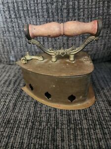 VINTAGE BRASS BOX CHARCOAL IRON WITH WOOD HANDLE 