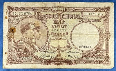 Belgium 1941 - 20 Francs - P-111.2 - ( Issued 13-09-41 ) - Economical Grade - Image 1 of 2