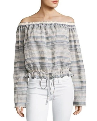 Blusa Campesina Theory Odettah Hombro Descubierto Seda Algodón M Blanco Azul Foto 1 de 4