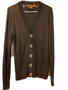 TORY BURCH BROWN SIMONE 100% WOOL CARDIGAN Size Medium - Picture 1 of 5