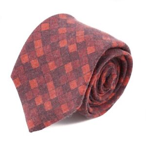 Isaia Napoli Red-Burgundy Geometric Check Print Soft Wool and Silk Tie NWT