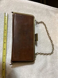Vintage UNBRANDED BROWN Plastic Clutch Purse short chain mirror change purse - Picture 1 of 12