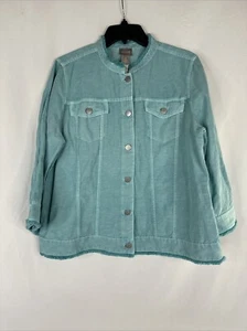 Chicos Sun Washed 3/4 Sleeve Jacket Womens Size 2 Green Button Front Linen Blend - Picture 1 of 17