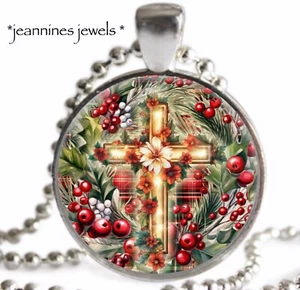 Cross Crucifix Necklace Christmas Holly Silver Charm Pendant Christian Jewelry - Picture 1 of 13