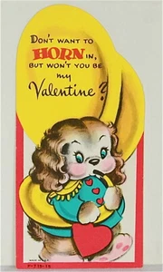 1950s Cocker Spaniel Puppy Dog Playing Tuba Don't Want 2 Horn in Be My Valentine - Picture 1 of 4