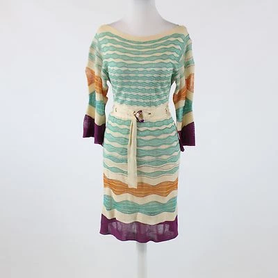 Ivory blue geometric MISSONI 3/4 kimono sleeve belted waist sweater dress 4 - Image 1 of 4