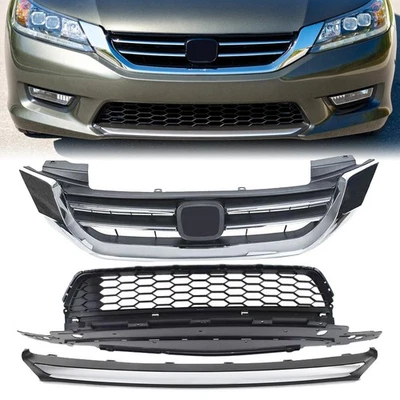 New Fit 2013-2015 Honda Accord Front Upper Lower Grille W/Chrome Trim - Image 1 of 4