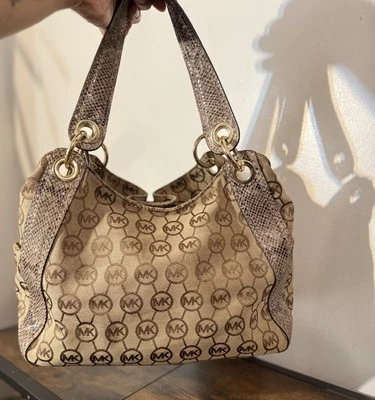 Michael Kors Signature Python Trim Drawstring Shoulder Handbag Purse - Image 1 of 4