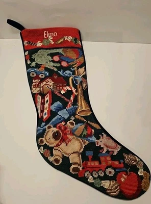 Land's End Needlepoint Stocking Toys Christmas Teddy Train Wool "Elmo" 19" - Image 1 of 3