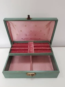 Vintage Green Jewellery Box Pink Velvet Lining 28cm x 19cm - Picture 1 of 8