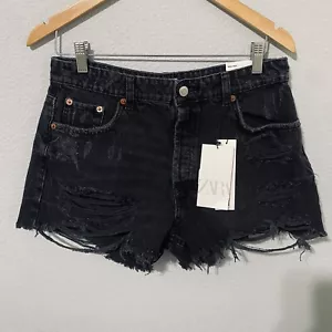 Zara New Black High Waisted Bohemian Distressed Ripped Shorts 100% Cotton Size 8 - Picture 1 of 10