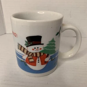 Pequeña taza de café muñeco de nieve de gres vintage con Feliz Navidad nueva en caja - Imagen 1 de 11