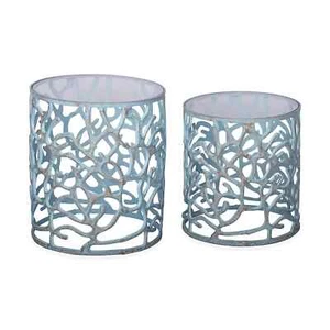 Stylish Aluminum Glass Coastal Coral Tables Set Of 2 Home Decor - Picture 1 of 1