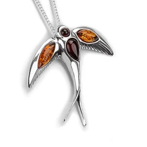Swallow Bird Necklace 925 Sterling Silver Baltic Amber Statement Jewellery Gifts - Picture 1 of 7