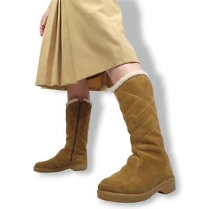Rochelle Brown Leather boots Sz 7.5 7 Suede Lambswool Sherpa Cowboy 70s Vintage - Picture 1 of 11