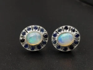 Natural Opal & Sapphire Gemstone 925 Sterling Silver Cufflinks For Special One - Picture 1 of 8