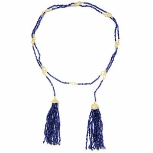 Meher's Jewelry 44" Sodalite Gem stone Beaded Lariat Tassel 925 Silver Necklace - Picture 1 of 2