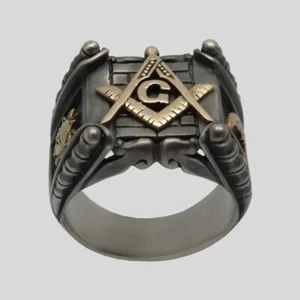Masonic Ring Sterling Silver 14K Yellow Gold Freemasonry Handmade UNIQABLE Size - Picture 1 of 12