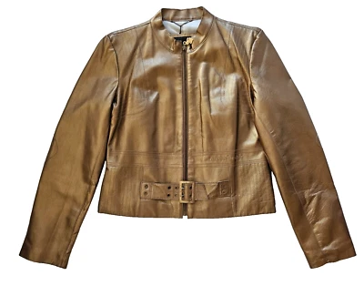 Rocawear Leather Jacket Gold Metalic Motorcycle Zip Up Buckle Women's Sz L Biker - Image 1 of 4