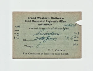 Oficina de Ingenieros Mecánicos GWR Ticket Chief Swindon 1926 - Imagen 1 de 2
