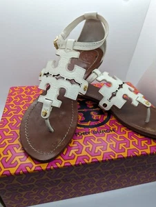 Sandalias tanga plana Tory Burch Phoebe cuero caído marfil 7 molineros logotipo 30437 - Imagen 1 de 16