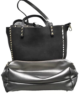 Inzi 3 in 1 Reversible Vegan Leather Studded Charcoal Metallic Tote Bag w/Pouch - Bild 1 von 24