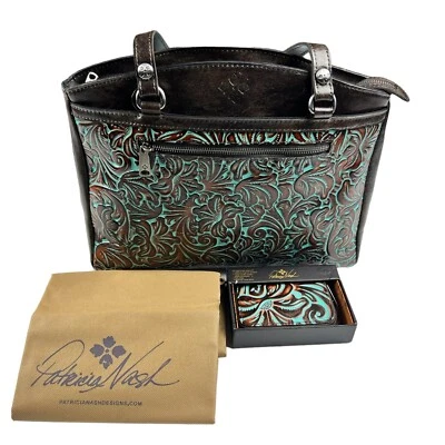 NWT Patricia Nash TOOLED TURQUOISE POPPY LEATHER TOTE WITH ZIP AROUND WALLET - Image 1 of 4