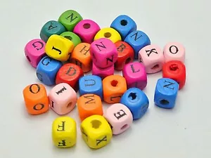 100 Mixed Bright Candy Color 10mm Cube Wood Alphabet Letter Beads - Picture 1 of 5