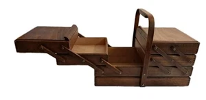 Large Vintage Accordion Wood Sewing Box Romania 19.5"L - Picture 1 of 23