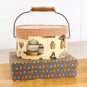 VTG Set of 2 Country Fabric Covered Lidded Boxes Wood Handle Gingham Bears Heart - Picture 1 of 19