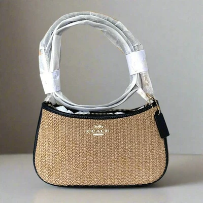 Bolso de Hombro Coach CAL90 Teri Tostado Negro Cuero Paja Bandolera 2 Vías ORGPKG Foto 1 de 4