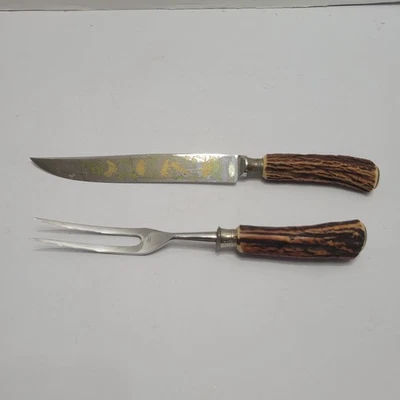 Vtg Anton Wingen Jr Knife Stag Boar Elk Grouse Carving 2pc Cutlery Set Germany - Image 1 of 4