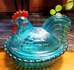 5 1/2" Rooster Teal Carnival Handpainted Woven Nest Covered Candy Dish Pot - Picture 1 of 23