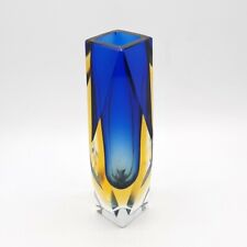 Vintage Murano Mandruzzato Italy Blue Amber Sommerso Faceted Glass Vase 6.5"