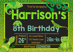 Personalised Reptile Invitations Birthday Party Invites + Envelopes x12 a
