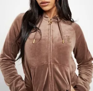 JUICY COUTURE Diamante Velour Logo Full Zip Hoodie Jacket Brown Womens RRP$130 S - Picture 1 of 4