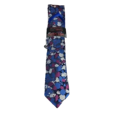 Steven Land Men's Tie Hanky Set Navy Royal Blue Fuchsia Silver Microfiber 3.25" - Image 1 of 4