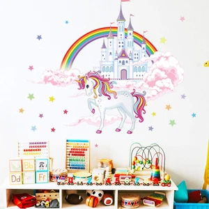 ROFARSO Colorful Unicorn Castle Stars Rainbow Clouds Large Wall Stickers Peel - Picture 1 of 12