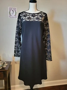 Vintage Jones New York Dress, Black w/ Lace Shoulders & Long Sleeves, Size 14P - Picture 1 of 12