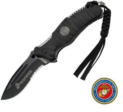 Navaja de bolsillo USMC apertura asistida segadora negra con cordón de calavera Foto 1 de 3