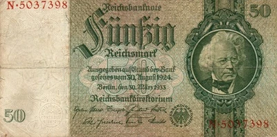 Genuine 50 Reichsmark 3. reich nazi banknote 1933 fine con rare serie und. B !! - Image 1 of 2