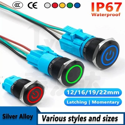 LED Push Button Switch Momentary Latching On/Off Waterproof Metal 12/16/19/22mm - Image 1 of 4