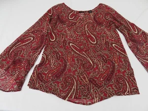 BEAUTIFUL BURGUNDY PAISLEY PRINT 100% SILK CHIFFON LONG SLEEVE BLOUSE TOP UK 10 - Picture 1 of 16
