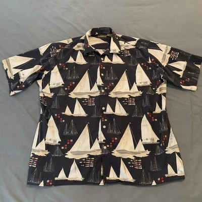 Natural Issue Shirt Mens 2XL Tall Navy Sailboat Button Front Short Sleeve Camp - Image 1 of 4