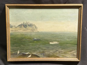 Vintage Maritim Öl auf Künstlertafel Gemälde Meereslandschaft mit Leuchtturm & Booten  - Bild 1 von 12