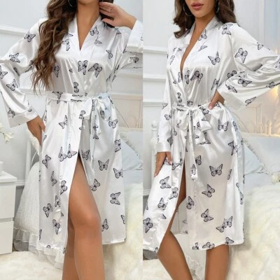 Batas de seda para mujer novia dama de honor satinado albornoz cuello en V ropa de dormir manga larga Foto 1 de 4