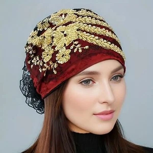 Gorro rojo con cuentas doradas transpirable envoltura para la cabeza y gorra de quimioterapia para mujeres y niñas - Imagen 1 de 15