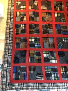 VTG Hand Sewn Hand Tied Wool Flannel 65x82 Twin Square Pieced Quilt Red Black - Picture 1 of 5