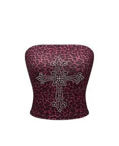 Sexy Leopard Print Strapless Top With Cross & Rhinestone Decoration - Picture 1 of 1