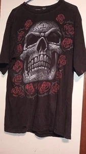 Rare Y2k Liquid Blue vintage Day Of The Dead/ Evil Sugar Skull Cross T-shirt Xl - Picture 1 of 3